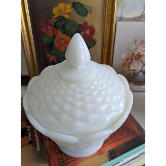 Vintage Milk Glass Pedestal Covered Candy Dish Basket Weave Design 10" Tall Coll - Picture 2 of 9